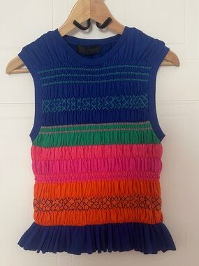 Zara Blue Multicolor Smocked Sleeveless Tank with Ruffle Hem